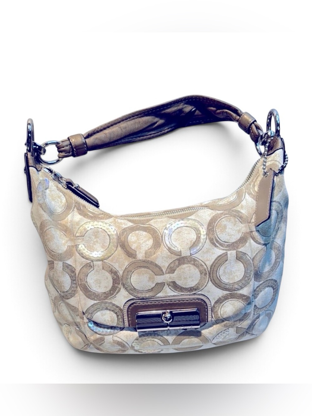 Coach Cream and Brown Hobo Bag with Signature Monogram